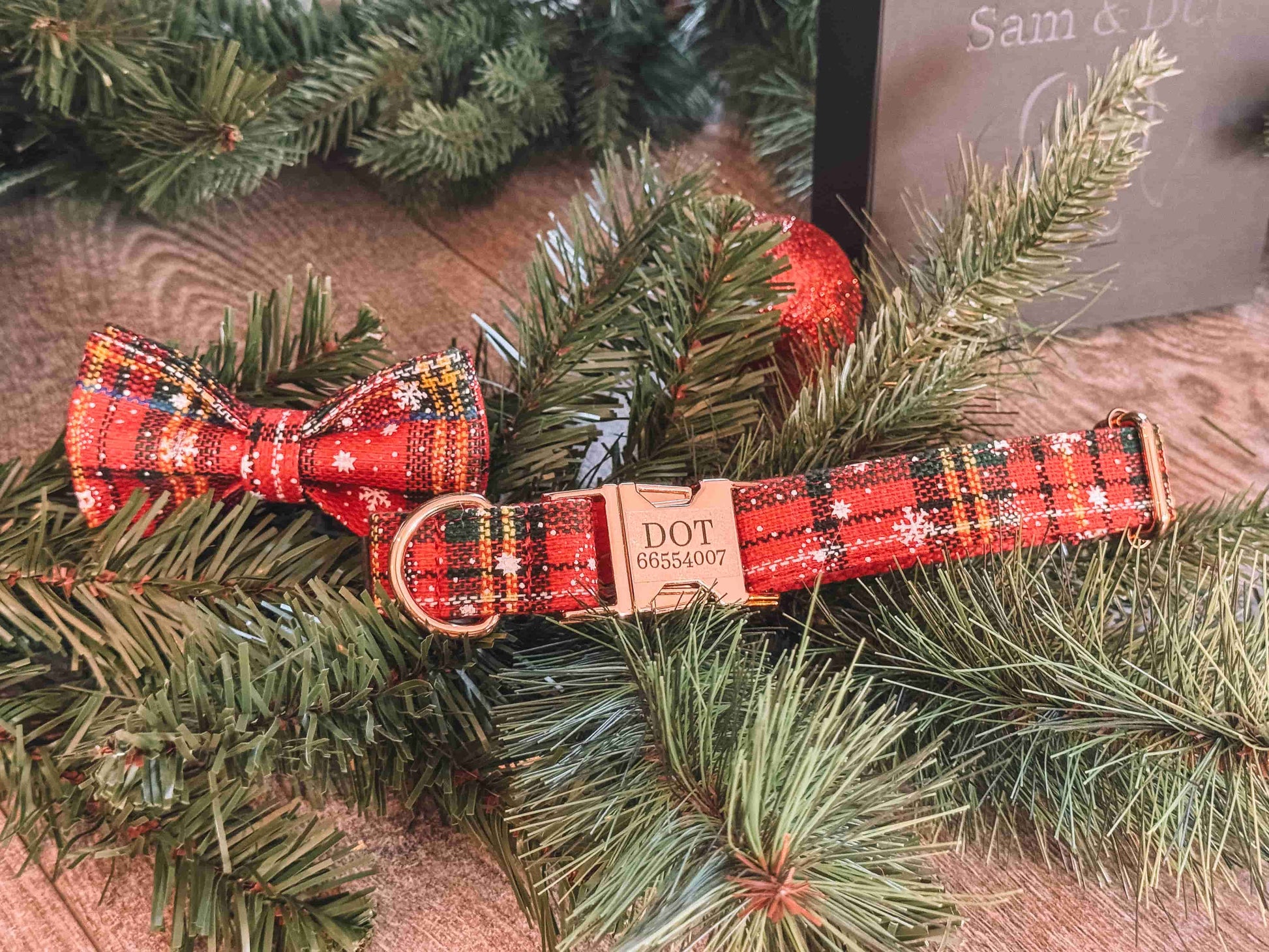 Limited Edition Red Christmas Engraved Dog Collar & Bow Tie - Sam and Dot