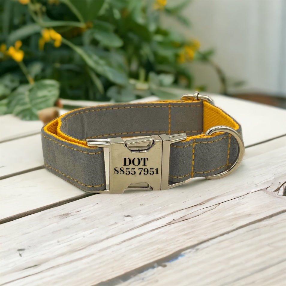 Gray (and Yellow) Engraved Dog Collar - Sam and Dot