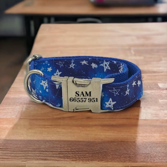 Blue Stars Engraved Dog Collar - Sam and Dot