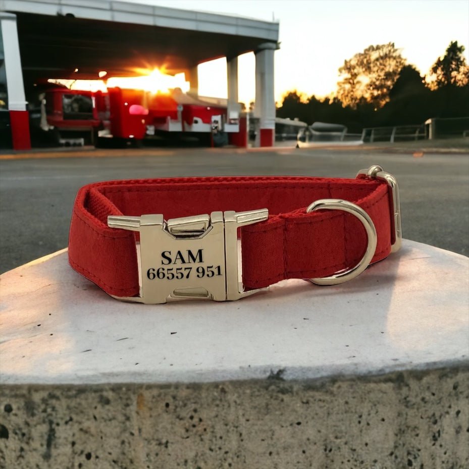 Fire Engine Red Engraved Dog Collar - Sam and Dot
