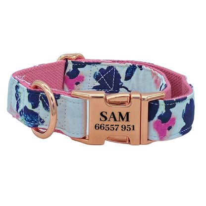 Watercolour Roses Engraved Dog Collar Set - Sam and Dot